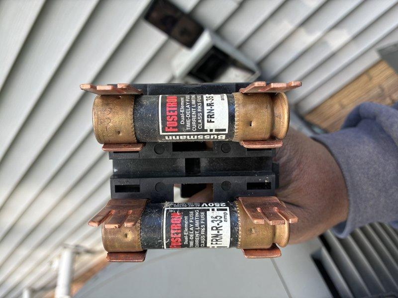 Completed annual preventative maintenance on 10-year-old air conditioning system. Performed comprehensive inspection including electrical components, replaced time-rated fuses in disconnect box, and installed new pleated air filter. Verified all electrical connections secure, tested system operation, and confirmed unit running within normal parameters for continued reliable cooling performance.