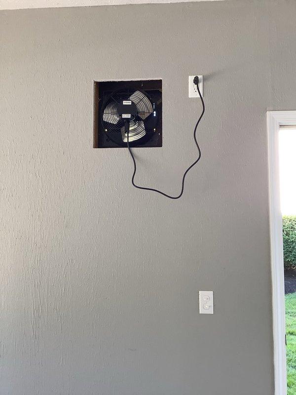 Installed customer-provided exhaust fan in residential bathroom, connecting unit to existing electrical switch as requested. Mounted fan securely in wall opening, wired to pre-existing switch for convenient operation, and installed exterior louvered vent cover on building's exterior wall to facilitate proper air discharge. Verified all electrical connections for safety and tested fan operation to ensure proper functionality.