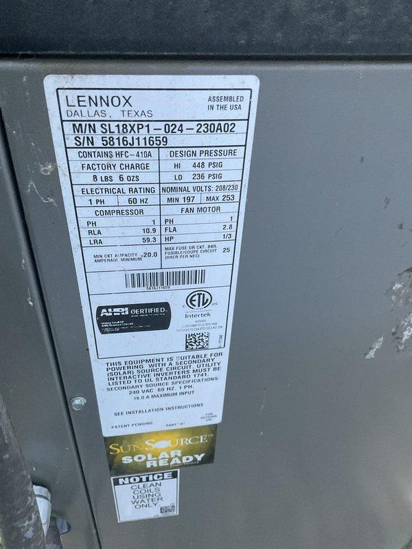 Completed MVP cooling maintenance visit on two residential HVAC systems. Performed comprehensive inspection of Lennox SL18XP1-024 outdoor condensing unit containing HFC-410A refrigerant with 8 lbs 6 oz factory charge, verified unit specifications and proper operation. Conducted interior system inspection including furnace blower assembly, electrical connections, and associated air handling equipment, documented equipment condition with specification labels visible for service records.