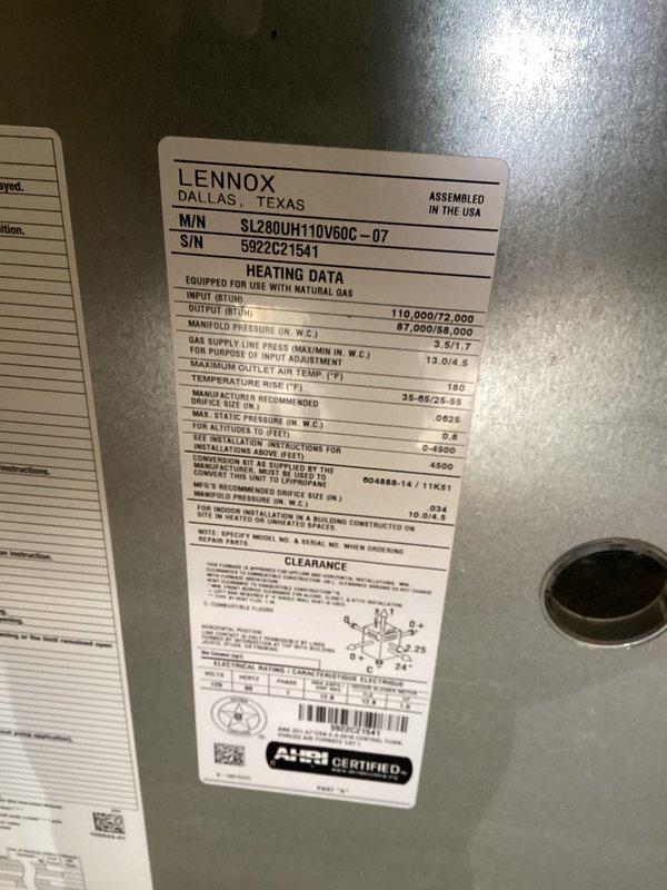 Completed routine MVP cooling maintenance visit on 4-year-old Lennox SL280UH110V60C-07 furnace system. Performed standard system inspection, verified temperature readings at 53°F, documented equipment specifications, and confirmed all manufacturer labels and technical data were legible for future service reference.
