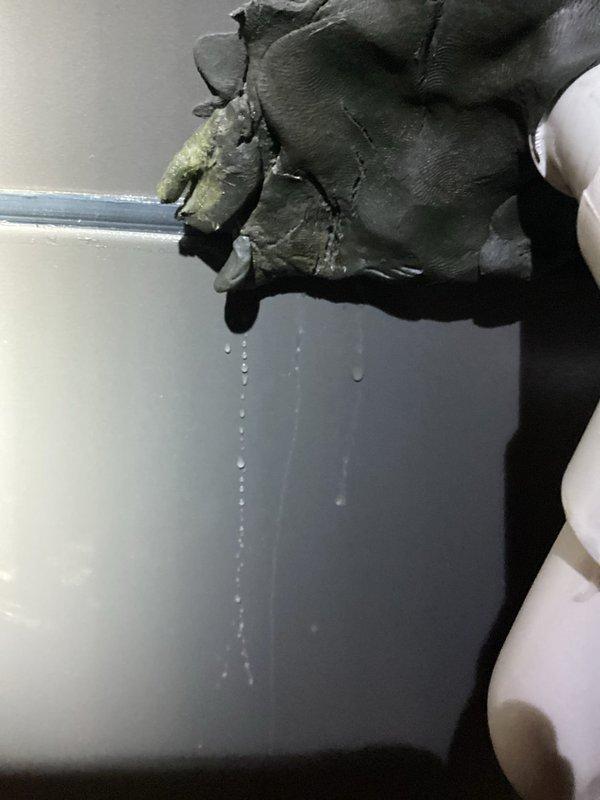 Responded to report of significant furnace water leak. Upon inspection, discovered severely deteriorated condensate drain line insulation with active water dripping from damaged sections. Found heavily contaminated air filter with substantial discoloration indicating poor airflow and moisture infiltration. Documented conditions with photographs showing compromised insulation integrity and filter saturation, requiring immediate attention to prevent further water damage and restore proper system operation.
