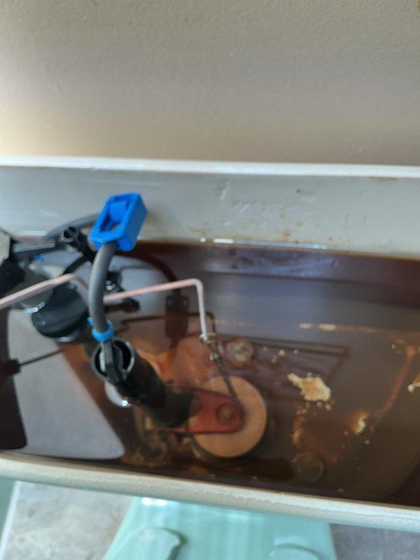 Responded to service call for leaking toilet on first floor and leaky faucet. Upon inspection, discovered toilet tank contained significant mineral buildup, brown staining, and discolored water indicating hard water issues and aging internal components. Assessed flush valve assembly, fill valve with float mechanism, and water supply connections for potential leak sources and deterioration requiring attention.