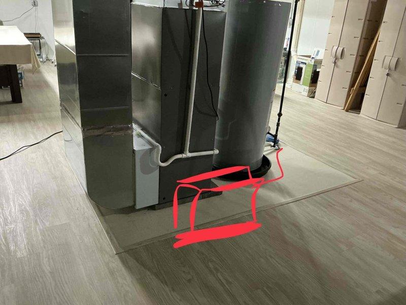 Provided estimate for whole-home dehumidifier installation to existing HVAC system in basement utility area. Assessed current ductwork configuration and identified optimal integration point for dehumidifier unit with main air handler. Documented existing system layout including rectangular metal ductwork, exposed joists, and available clearances for equipment placement. Took measurements and photographs to determine proper sizing and installation requirements for IAQ equipment upgrade.