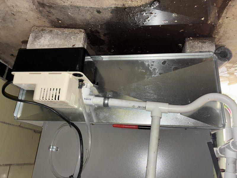 Responded to service call for 3-year-old basement mini-split system with water leaking throughout basement during operation. Upon inspection, found compromised condensate drainage system with standing water in drain pan and evidence of moisture damage to surrounding structural components. Inspected air handler unit, evaporator coil, and condensate pump assembly; identified drainage issues causing water overflow and verified proper operation of condensate removal system to resolve leaking condition.