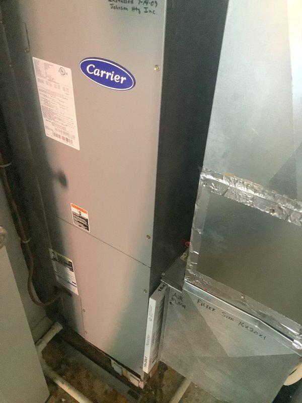 Completed estimate for furnace replacement due to identified leak in existing system. Evaluated current Carrier air handler unit installation, documented equipment condition and surrounding infrastructure including ductwork connections and mounting configuration. Provided replacement options and recommendations to address the leak issue.