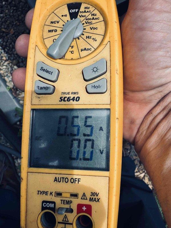 Replaced failed compressor under parts warranty on residential HVAC system. Upon completion, verified proper amperage draw and system operation using clamp meter, confirming compressor running at 4.72 amps initially and 0.55 amps during steady-state operation, indicating successful installation and normal electrical performance.
