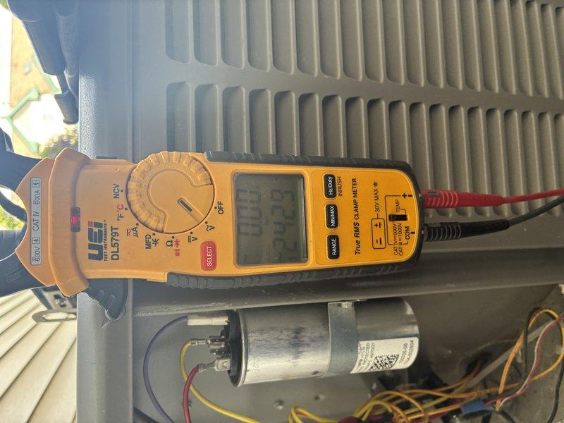 Completed scheduled air conditioner maintenance on a 9-year-old cooling system. Performed comprehensive tune-up including electrical diagnostics using clamp meter to verify amperage draw and system performance, inspected condenser coil fins, tested capacitor operation and electrical connections, and evaluated overall unit functionality. All components found operating within normal parameters; system running efficiently with no issues identified.