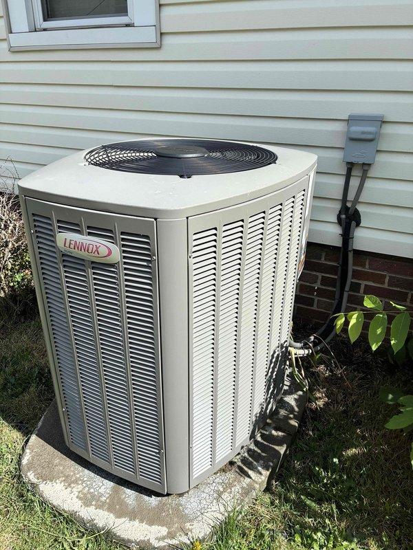 Completed MVP cooling maintenance visit on residential Lennox outdoor condensing unit. Performed standard preventive maintenance inspection, verified unit operation, and documented equipment condition with photographs. System operating within normal parameters at time of service.