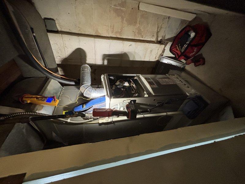 Completed MVP Cooling Visit maintenance service on Lennox HVAC system. Accessed air handler unit in mechanical space, performed system inspection of internal components and wiring, and replaced pleated air filter with new clean filter to ensure proper airflow and system efficiency.