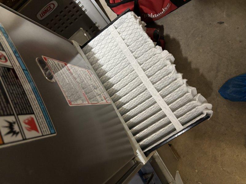 Completed MVP Cooling Visit maintenance service on Lennox HVAC system. Accessed air handler unit in mechanical space, performed system inspection of internal components and wiring, and replaced pleated air filter with new clean filter to ensure proper airflow and system efficiency.