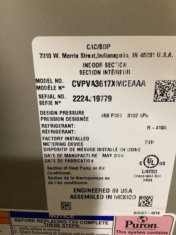 Completed comprehensive AC tune-up on CVPVA3G17XVIMEAA/A indoor unit manufactured May 2020 with R-410A refrigerant and factory-installed TXV metering device. Inspected outdoor condenser unit electrical connections, capacitor, and wiring harness; verified all components operating within normal parameters and documented equipment condition with photos.