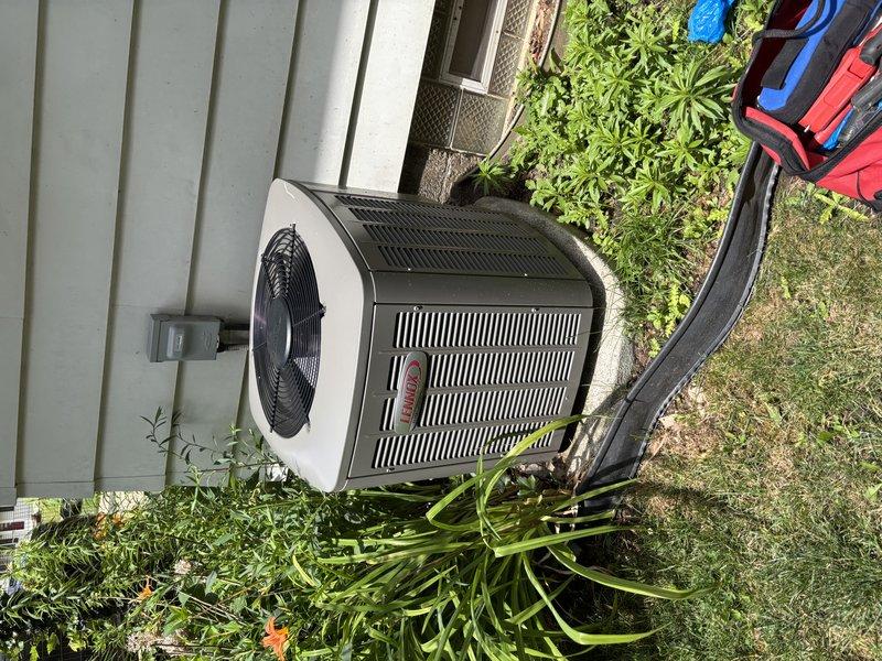 Completed MVP cooling maintenance visit on residential air conditioning system. Performed standard inspection of outdoor condensing unit, checking refrigerant levels, electrical connections, and overall system operation. Unit found in satisfactory working condition with no immediate service needs identified; documented equipment condition with photos for service records.