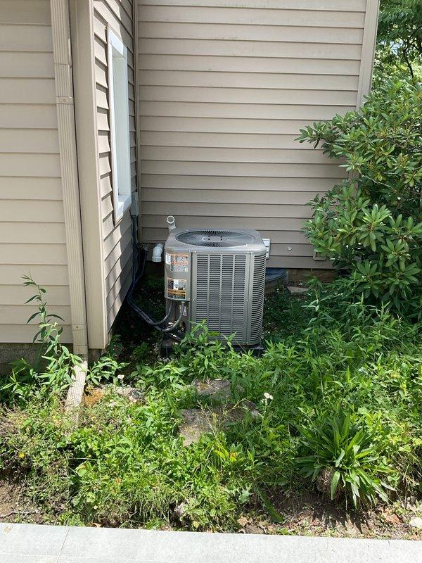 Responded to service call for non-cooling complaint on recently installed air conditioning system. Upon arrival, performed diagnostic inspection of outdoor condenser unit and electrical connections. Verified proper power supply at disconnect box, checked refrigerant line connections, and inspected unit operation. Cleared excessive vegetation growth from around condenser unit that was restricting airflow to equipment, which was identified as primary cause of reduced cooling performance. System restored to proper operation with adequate airflow clearance established around unit.