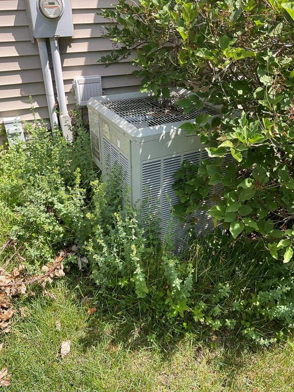 Completed MVP cooling maintenance visit on residential air conditioning system over 10 years old. Performed standard inspection and service of outdoor condenser unit, noting significant vegetation overgrowth around equipment that may restrict airflow and reduce system efficiency. Documented current condition of electrical disconnect box and refrigerant line connections showing age-appropriate weathering and patina development on copper piping.