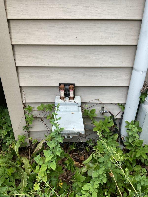 Completed MVP cooling maintenance visit on residential air conditioning system over 10 years old. Performed standard inspection and service of outdoor condenser unit, noting significant vegetation overgrowth around equipment that may restrict airflow and reduce system efficiency. Documented current condition of electrical disconnect box and refrigerant line connections showing age-appropriate weathering and patina development on copper piping.
