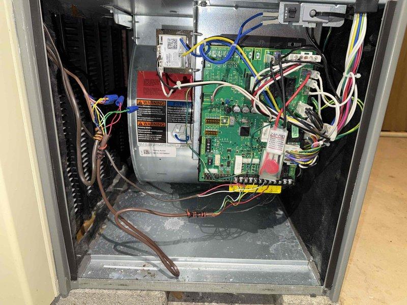 Completed MVP cooling maintenance visit on 8-year-old residential HVAC system. Performed comprehensive inspection of air handler unit, control board, blower motor assembly, and all electrical connections. Verified proper operation of all system components, checked wiring integrity across multiple circuits, and confirmed control board functionality. System operating within normal parameters with no deficiencies noted.