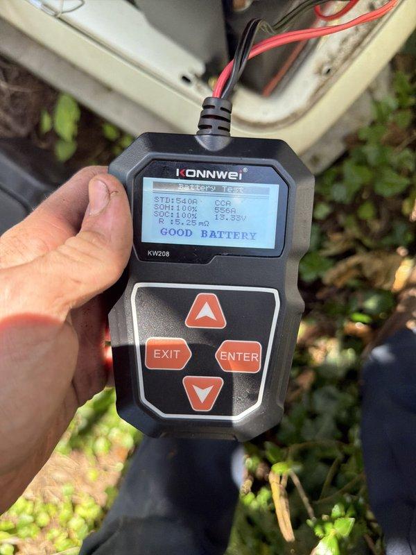 Responded to service call for 2-year-old Generac generator that failed to complete its scheduled automatic exercise cycle and displayed a warning light. Performed diagnostic testing on generator battery using electronic battery analyzer, which confirmed battery in good condition with 100% state of health, 100% state of charge, and proper CCA readings. Provided replacement key for generator enclosure access as original was lost.