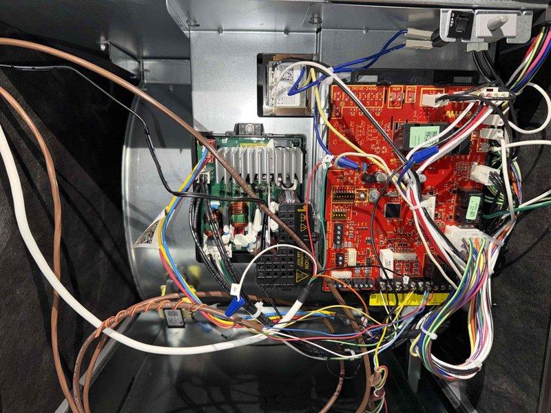 Completed MVP cooling maintenance on 10-year-old system. Performed diagnostic testing using digital manifold gauges, measuring suction pressure at 90.1 psi with vapor saturation temperature of 26.4°F and liquid line pressure at 213.9 psi with saturation temperature of 73.6°F on R410A refrigerant. Superheat measured at 36.5°F, indicating potential low refrigerant charge or airflow restriction. Inspected control board and electrical components, verifying proper wiring connections and circuit integrity. Documented system operation with thermal imaging and pressure readings for maintenance records.