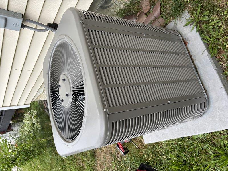 Completed scheduled MVP cooling maintenance visit on a 5-year-old residential air conditioning system. Performed comprehensive inspection of outdoor condensing unit, verified proper operation of fan assembly and compressor, checked refrigerant lines for leaks or damage, and confirmed unit was operating within normal parameters. System found to be in good working condition with no immediate service needs identified.