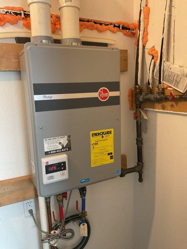 Performed routine maintenance flush on an 8-year-old Rheem tankless water heater unit located in an upstairs closet. Successfully completed descaling procedure by circulating cleaning solution through the heat exchanger to remove mineral buildup and sediment accumulation, flushed the system thoroughly, and verified proper operation with temperature output reading at 125°F upon completion.