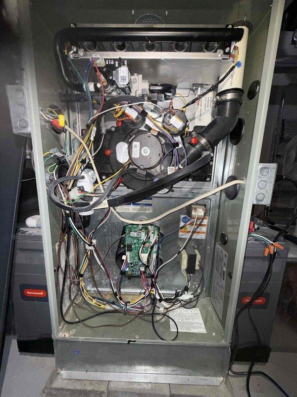Completed MVP recurring cooling maintenance visit on 8-year-old system. Performed comprehensive inspection of indoor furnace cabinet and outdoor condensing unit, examining blower assembly, motor, electrical connections, control board, and capacitor. All components found operating within normal parameters with typical wear for unit age; cleaned debris from outdoor unit and verified proper system operation.