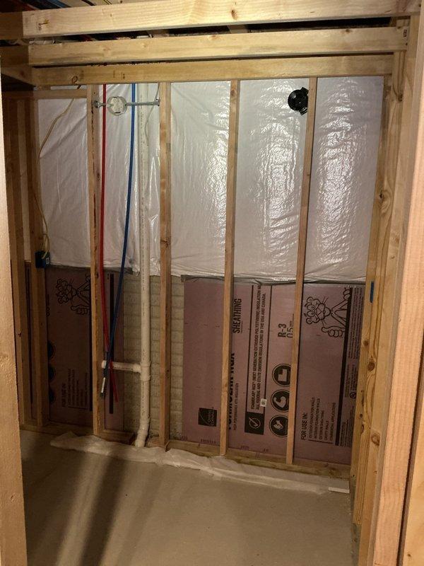 Provided second opinion estimate for basement bathroom remodeling project currently in rough-in phase. Assessed exposed plumbing fixtures requiring finish work and identified multiple capped water supply lines that need connection to fixtures upon installation. Reviewed PVC drain line installation and verified proper placement for future toilet and fixture connections.