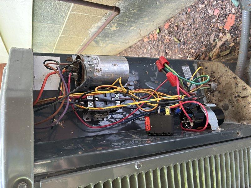 Completed MVP cooling maintenance visit on 14-year-old Trane condenser unit. Performed comprehensive system inspection including electrical components, capacitor, contactors, and wiring connections within the unit compartment. Documented equipment condition through photography, noting unit positioned on concrete pad with proper clearances and overall normal operational appearance with no visible damage or excessive wear to exterior panels or fan assembly.