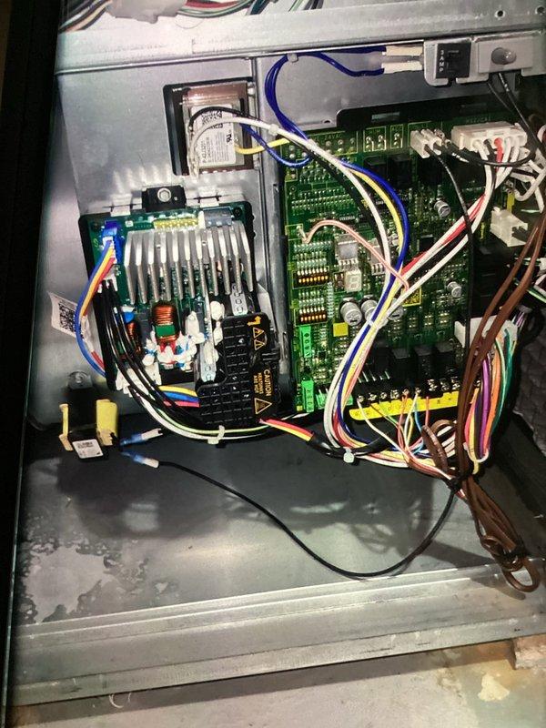 Completed scheduled preventive maintenance on a 2-year-old commercial air conditioning system. Performed routine inspection of air filtration system and verified proper installation of pleated HVAC filter. Conducted thorough examination of electrical control panel and circuit boards, confirming all wire connections, relays, capacitors, and control components were secure and functioning properly.