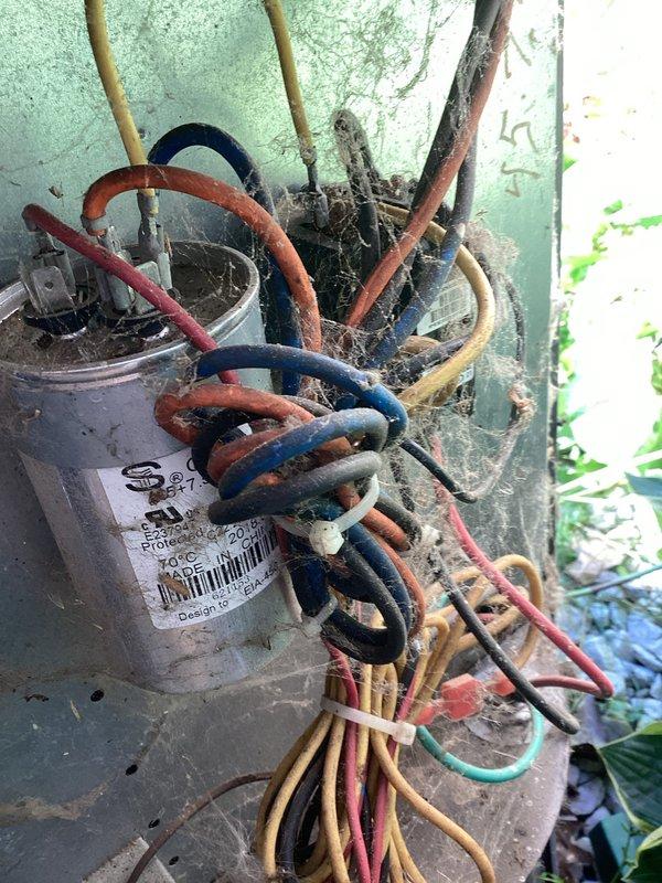 Completed MVP cooling maintenance visit on 7-year-old system. Performed standard inspection of outdoor unit, documenting equipment condition including capacitor, wiring connections, and overall unit specifications. Unit showing age-appropriate wear with accumulated debris and weathering on exterior components; all electrical connections remain intact and functional.