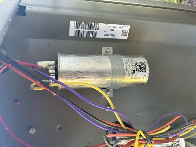 Replaced defective capacitor on HVAC unit. Unit inspected and tested to confirm proper operation. All electrical connections verified secure and system returned to normal functionality using truck stock parts.