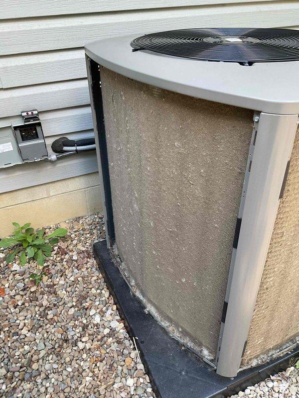 Completed MVP cooling visit and tune-up service on two residential air conditioning units. Upon inspection, found heavily soiled air filters with significant dust and debris accumulation obstructing proper airflow on outdoor condenser units. Performed comprehensive maintenance including filter cleaning, system inspection, and standard tune-up procedures to restore optimal performance and efficiency on both systems.