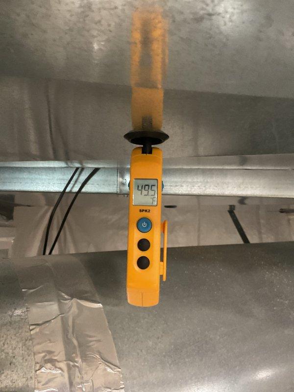 Completed preventative maintenance on a 10-year-old air conditioning system. Performed standard tune-up procedures including system inspection, temperature differential measurements showing 69°F at supply register, and airflow verification reading 495 CFM at ductwork. Unit operating within normal parameters with no deficiencies noted at time of service.