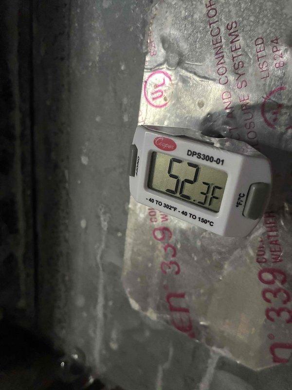 Performed preventive maintenance inspection on 10-year-old outdoor air conditioning unit for MVP customer. Conducted comprehensive diagnostic testing using digital multimeter to verify electrical components and capacitor function, recording temperature reading of 44°F at evaporator coil. Measured supply air temperature at 52.3°F using calibrated digital thermometer to confirm proper system operation and adequate cooling performance. All electrical connections, wiring harnesses, and control board components inspected and found to be functioning within normal parameters.