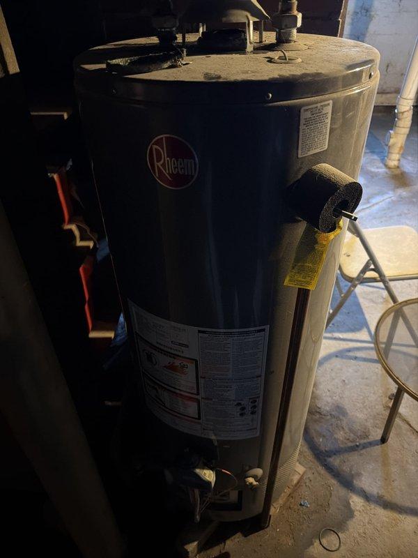 Responded to no hot water call for Rheem tanked water heater. Upon arrival, inspected unit and associated plumbing connections including heat trap loop assembly with dielectric unions and copper piping. Evaluated water heater operation, examined gas supply connections with visible shut-off valve, and verified proper venting configuration. Documented existing equipment condition including manufacturer labeling, warning tags, and plumbing infrastructure in basement utility area with photographic evidence for service records.