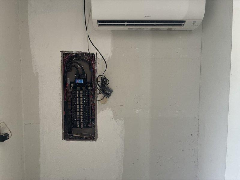 Installed and wired a dedicated 480-volt power circuit for a Daikin ductless mini-split air conditioning system. Ran electrical cable from the main distribution panel to the wall-mounted indoor unit, terminated connections at both the breaker panel and air handler, and verified proper circuit protection and voltage supply for the HVAC equipment.