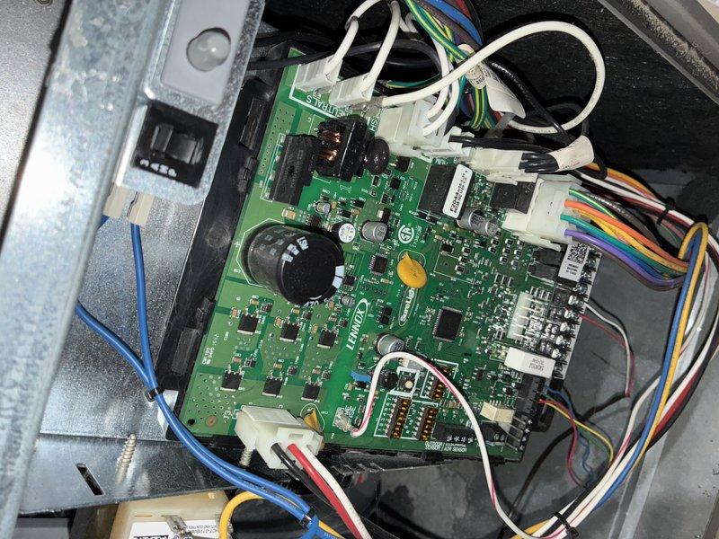 # HVAC Maintenance - Cooling

Completed routine MVP cooling maintenance visit on an 8-year-old system. Performed comprehensive inspection of control board and electronic components, verifying proper operation of all circuits, connections, and wire harnesses. Documented significant rust and corrosion staining along the unit's base threshold area, indicating previous moisture intrusion or condensation issues that will require monitoring during future service visits.