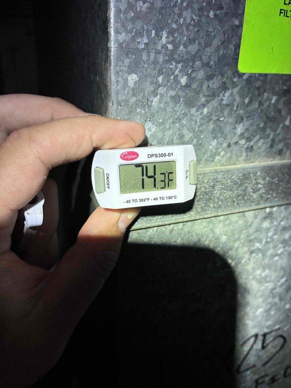 Completed courtesy call AC tune-up on 13-year-old air conditioning system. Performed comprehensive inspection of outdoor condensing unit, including electrical connections, contactor, and capacitor. Measured supply air temperature at 74.3°F at ductwork. All components operating within normal parameters at time of service.