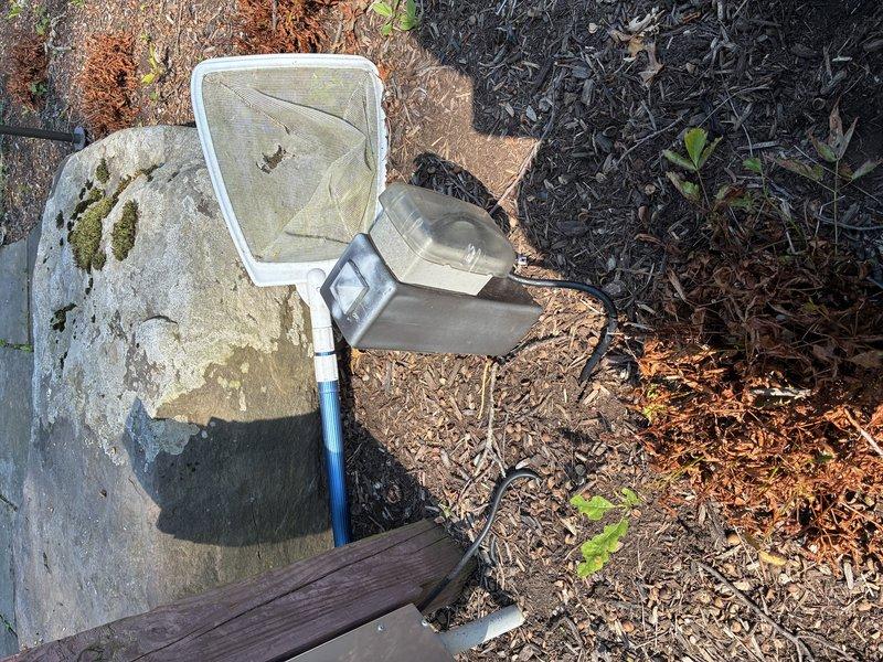 Performed diagnostic assessment of non-functioning outdoor lighting system and exterior electrical junction box. Inspection revealed potential rodent damage to exterior wiring near weatherproof GFCI outlet and concrete cylindrical structure in landscaped area. Documented conditions with photographs and provided estimate for repairs including new outdoor junction box installation and wiring replacement to restore outdoor lighting functionality.