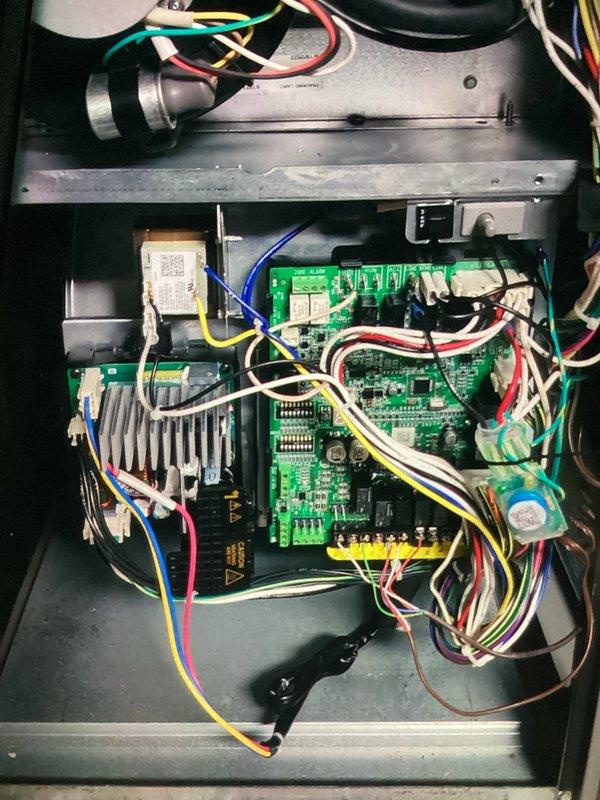 Returned to complete HVAC system repair following delivery of replacement parts. Installed new blower motor module and replacement circuit board in air handler unit. Verified proper electrical connections to control boards, including terminal blocks and wire harnesses. Tested system operation to ensure blower motor functions correctly with new module and circuit board assembly. All components secured and system restored to normal operation.