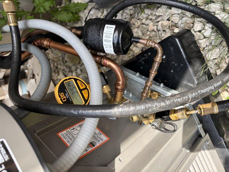 Performed comprehensive leak search on residential heat pump system and identified failed service valves and evaporator coil requiring replacement. Returned to complete repair by installing new service valves and evaporator coil, evacuated and recharged system to manufacturer specifications, and verified proper operation of all components with system running within normal parameters.