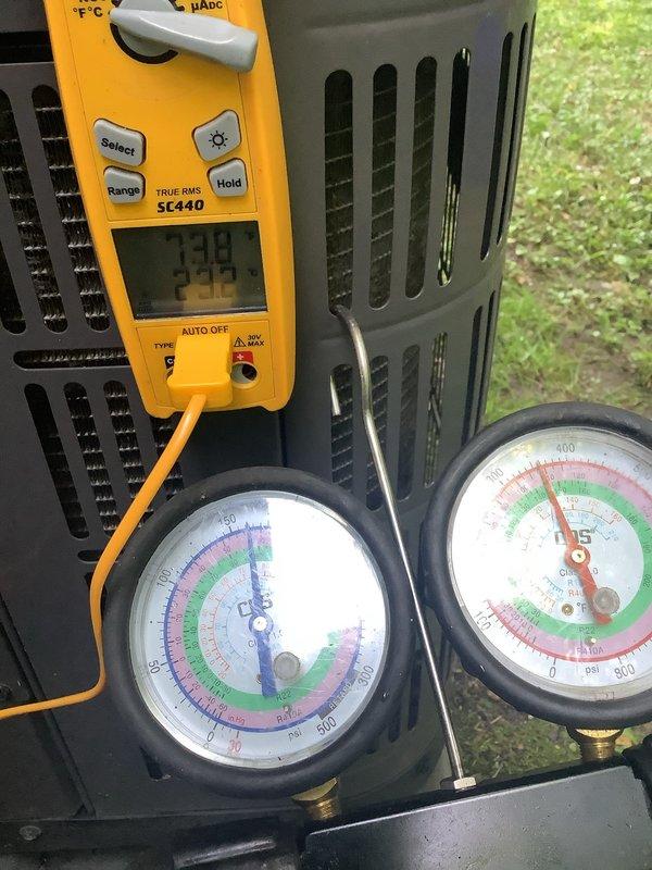 Responded to no cooling complaint on 4-year-old Airtemp air conditioning system. Upon arrival, performed complete system diagnostics using manifold gauge set and digital multimeter to assess refrigerant pressures, electrical components, and overall system performance. Identified and resolved the issue preventing proper cooling operation, restoring the unit to normal functioning condition.