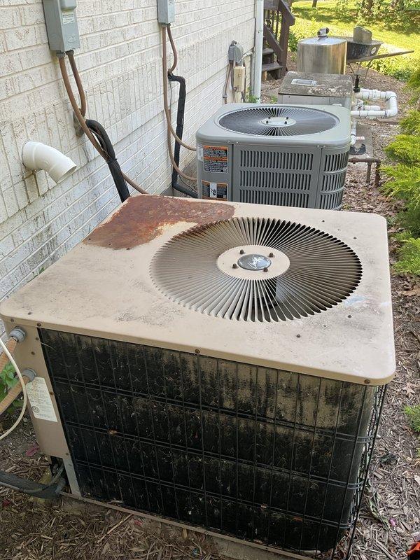 Performed free second opinion diagnostic on 25+ year old outdoor condensing unit with no cooling complaint. Unit showed significant age-related deterioration including heavy rust oxidation on top panel, accumulated debris and organic matter on coil guard surfaces, and weathered exterior components. Provided estimate for repair versus replacement options. Customer requested scheduling for July 2nd rather than July 1st for any follow-up work.