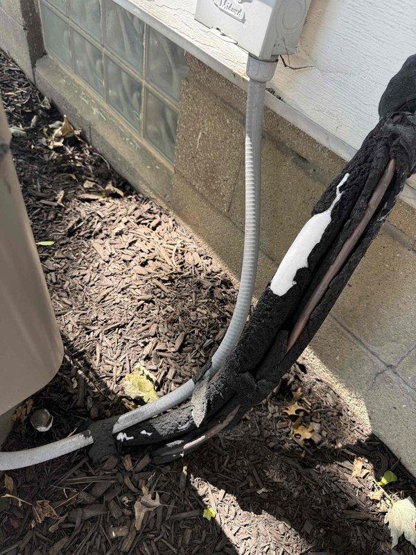 Responded to service call for inadequate cooling with unit unable to maintain setpoint temperature. Upon arrival, inspected Luxaire outdoor condensing unit and found system operational but underperforming. Noted deteriorated pipe insulation on refrigerant lines requiring attention for optimal efficiency and protection of line set from environmental exposure.