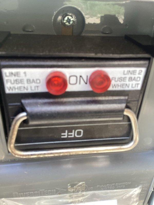 Responded to service call for whole-house air conditioning system displaying "Line 1 Fuse Bad When Lit" error code with illuminated fuse indicator light. Upon arrival, inspected the disconnect switch assembly and confirmed Line 1 fuse fault indicator was active. Performed diagnostic testing of the electrical circuit, identified failed fuse in Line 1 position, and replaced faulty fuse with proper amperage-rated replacement. Verified proper electrical continuity, reset system, and confirmed fault indicator light extinguished and unit returned to normal operation with no additional error codes present.