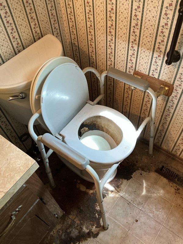 Removed and disposed of existing deteriorated toilet fixture showing severe staining and discoloration. Installed new American Standard Champion Pro toilet with round bowl and standard height configuration. Replaced existing water supply shut-off valve with new shut-off on the water line to ensure proper function and code compliance. Hauled away old toilet and debris from the premises upon completion.