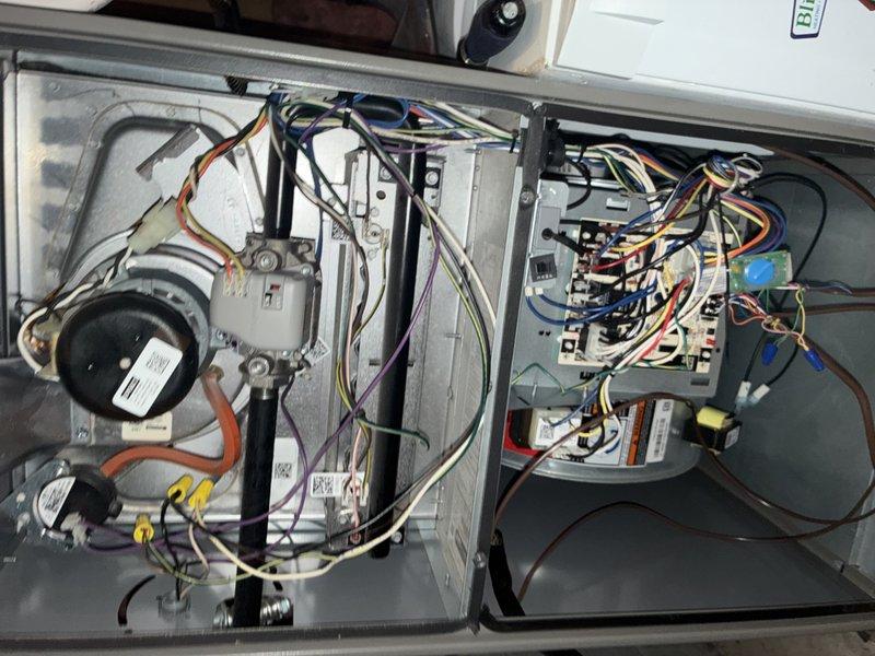 Completed MVP recurring cooling maintenance visit that was rescheduled from previous date. Performed comprehensive system inspection of outdoor condensing unit and indoor air handler components. Removed and inspected electrical control panel on condensing unit, verifying proper operation of dual run capacitors, contactor, and all associated wiring connections. Checked all wire terminations for tightness and signs of overheating or deterioration. Accessed indoor air handler unit to inspect blower motor assembly, control board, and electrical connections throughout the system. Verified proper motor operation and examined all color-coded wiring harnesses for secure connections at terminal blocks. Documented system conditions with detailed photography of internal components for maintenance records. All electrical components functioning within normal parameters. System operating as designed with no deficiencies noted.