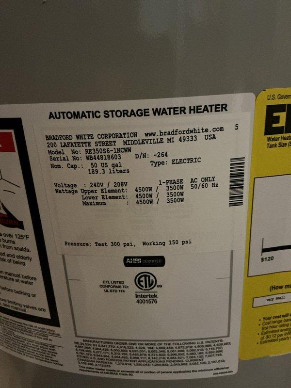 Responded to service call for leaking 6-year-old residential water heater requiring replacement. Upon inspection, confirmed active leak from existing tank unit necessitating immediate replacement to prevent water damage. Installed new Bradford White 50-gallon electric water heater (Model RE350S6-1NCWH) with dual heating elements rated at 4500W/3500W operating at 240V/208V single-phase. Connected all supply and discharge piping with proper shut-off valves, installed temperature and pressure relief valve, and verified all electrical connections to junction box. Tested unit for proper operation, confirmed no leaks at connections, and ensured system met manufacturer specifications and local code requirements.