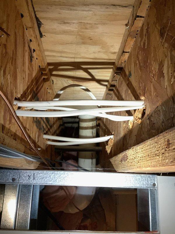 Responded to service call for toilet flange repair in a 20-year-old residential property. Upon arrival, contacted customer to confirm appointment and proceeded with inspection. Accessed the plumbing chase through the floor to assess the toilet flange condition and surrounding drainage system. Documented the existing installation and structural components for repair planning. Completed necessary repairs to restore proper toilet mounting and seal integrity, ensuring secure connection to the waste line and preventing potential leaks.