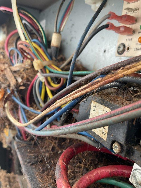 Responded to no cooling call on 13-year-old air conditioning system with four-zone thermostat configuration. Upon inspection, discovered severe electrical component deterioration in control panel due to extensive moisture exposure and environmental contamination. Found critical corrosion throughout wire bundles, compromised wire insulation integrity, oxidized circuit board components, and corroded relay/transformer assemblies. Documented heavy accumulation of debris, dust, and organic material on electrical connections and terminal blocks. Advised customer of unsafe operating conditions and recommended immediate system evaluation for potential control board replacement and complete rewiring of affected circuits to restore safe operation.