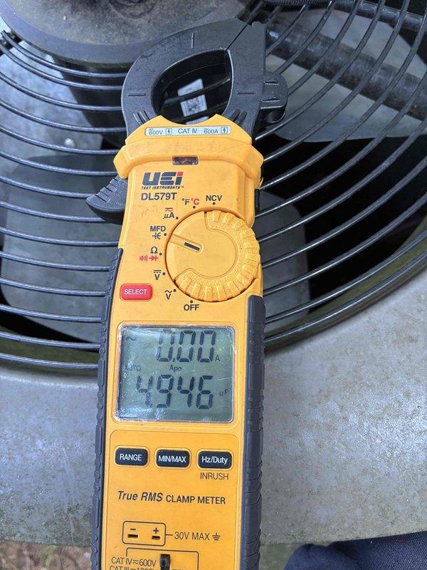 Completed routine AC maintenance checkup on residential cooling system. Performed standard inspection of condenser unit, verified electrical readings using clamp meter, and confirmed proper fan operation. System operating within normal parameters with no issues identified or repairs required at this time.